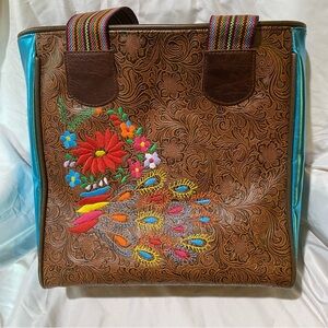 Retired Consuela Brown Leather Tooled Tote